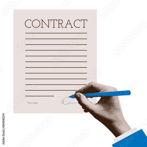Signing the contract concept. Filling out a contract. Halftone collage woman s hand writing with a pen on a paper page. Business agreement. Contemporary mixed media art. Vector illustration.