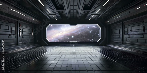 black empty Star Wars hangar with a white grid floor and dark background. A view of a galaxy in the window and a starship landing pad. A futuristic scene