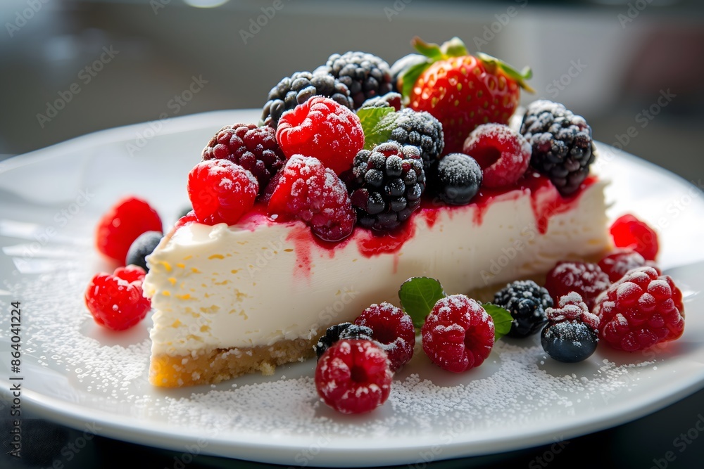 A slice of cheesecake topped with fresh berries and powdered sugar A slice of cheesecake topped with fresh berries and powdered sugar