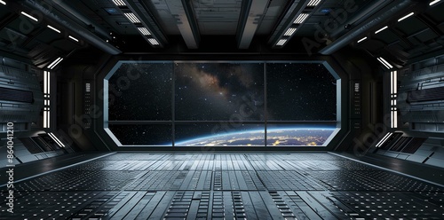 black empty Star Wars hangar with a white grid floor and dark background. A view of a galaxy in the window and a starship landing pad. A futuristic scene