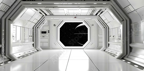 black empty Star Wars hangar with a white grid floor and dark background. A view of a galaxy in the window and a starship landing pad. A futuristic scene