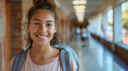 Smiling young girl with backpack in school hallway, copy space.