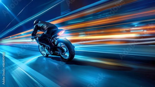 a man riding a motorcycle down a street at night with motion blurs behind him and a city street..