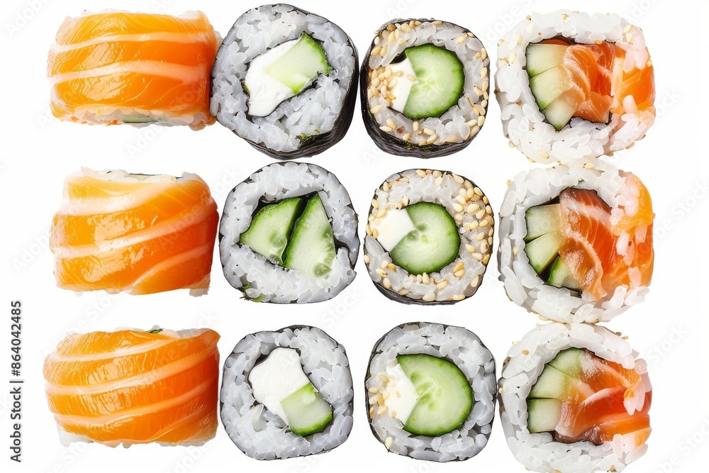 Various Maki Sushi Set Isolated on White Background Top View. Baked Norimaki Rolls Various Maki Sushi Set Isolated on White Background Top View. Baked Norimaki Rolls