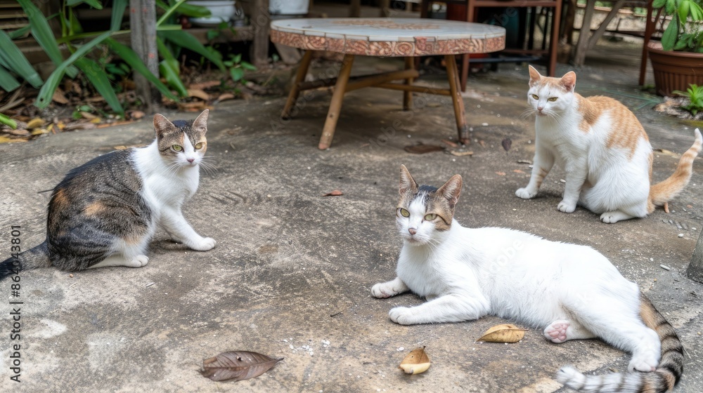 Three Cats Relaxing in a Tropical Garden Three Cats Relaxing in a Tropical Garden