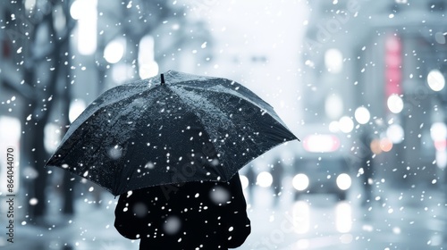 Person walking through snowy streets, umbrella shielding from the falling snow, illuminated shop windows, peaceful and detailed urban scene