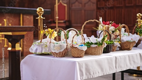 Decorated Traditional Polish Easter Baskets Prepared for Blessing during Holy Saturday Catholic Church Service
