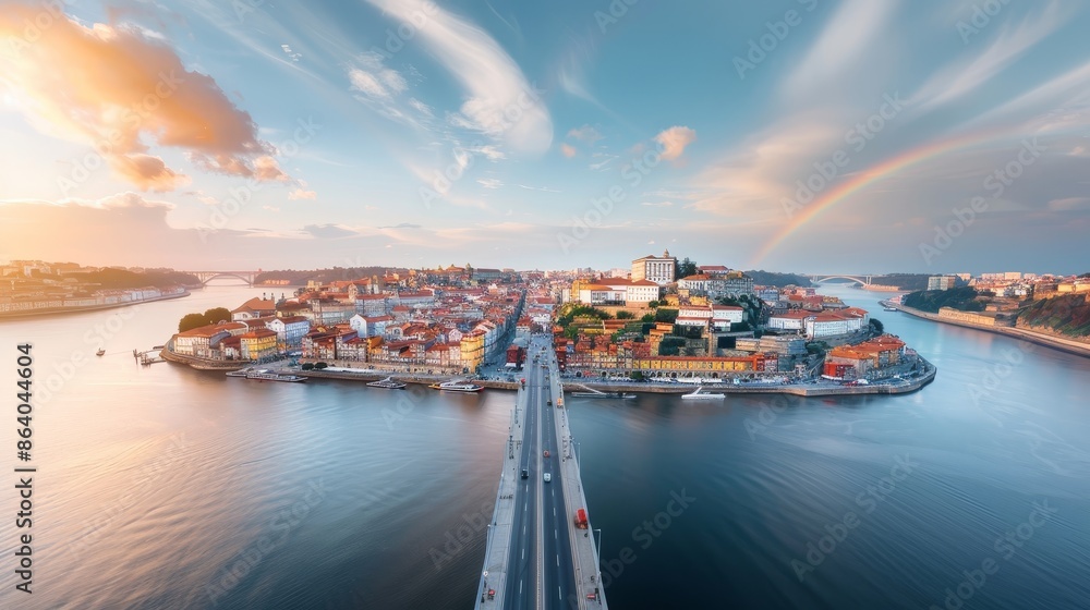 Naklejka premium Rainbow spanning the sky above an old city, vivid colors contrasting with aged architecture, dynamic and historic scene, lively ambiance