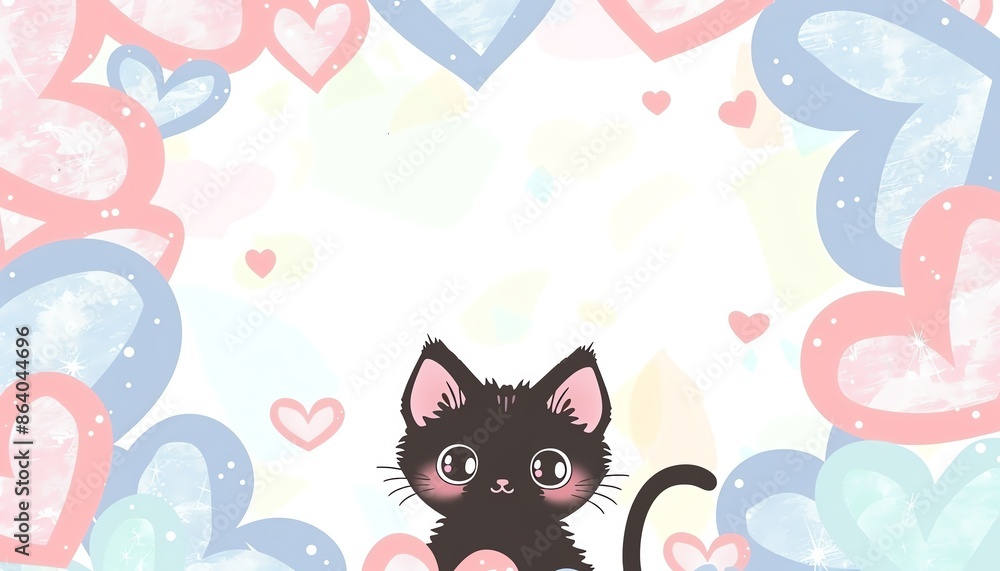 Adorable kitten frame with heart patterns, pastel hues, blank middle, endearing illustration, Adorable kitten frame with heart patterns, pastel hues, blank middle, endearing illustration,