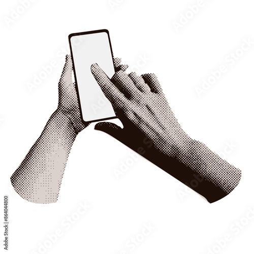 Retro halftone collage with Gesture of two hands with a phone isolated on a white background. Scrolling, social media, trendy retro vector illustration