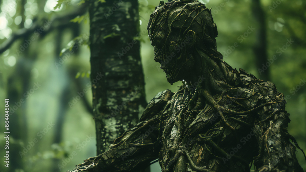 Fototapeta premium A man whose entire body was composed of tree bark transformed into a tree, set against the distant backdrop of a forest.