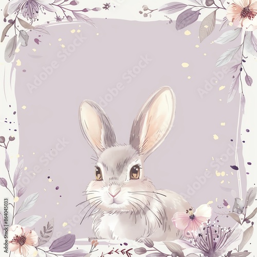 Cute bunny frame with floral corners, pastel background, empty center, charming illustration, © Sirirat