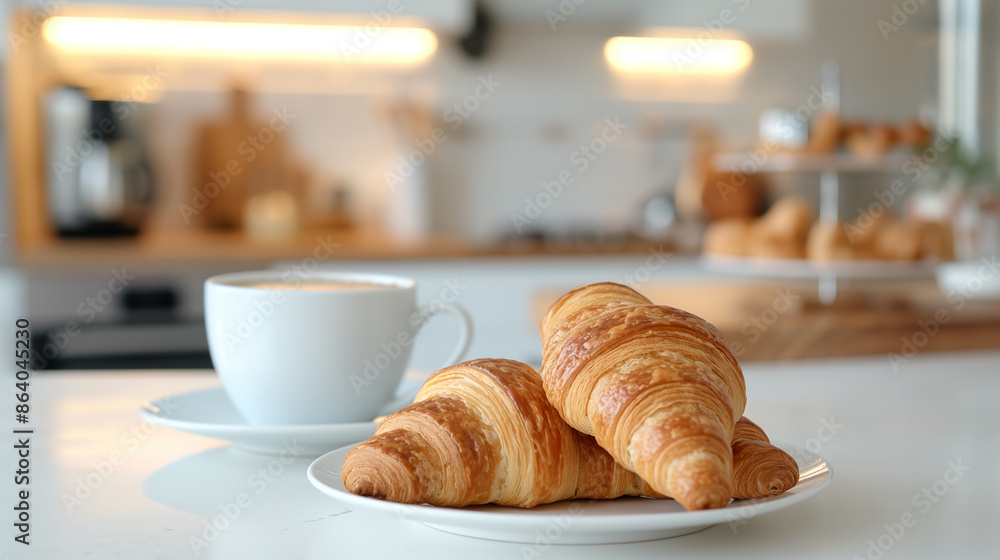 Croissant And Coffee On Kitchen Countertop: A Cozy Morning Scene Against A Blurred Minimalist Interior With Modern Furniture Croissant And Coffee On Kitchen Countertop: A Cozy Morning Scene Against A Blurred Minimalist Interior With Modern Furniture