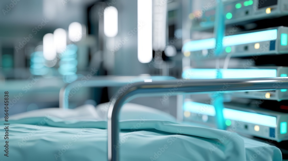 Fototapeta premium Medical equipment, hospital bed, light blue