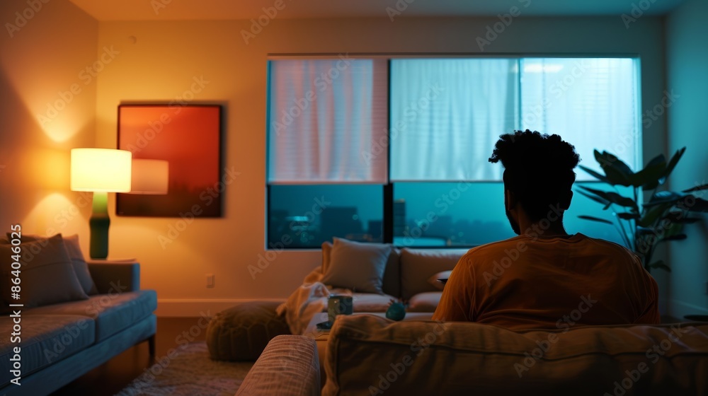 Bright living room, patient engaging in online health service, Bright living room, patient engaging in online health service,