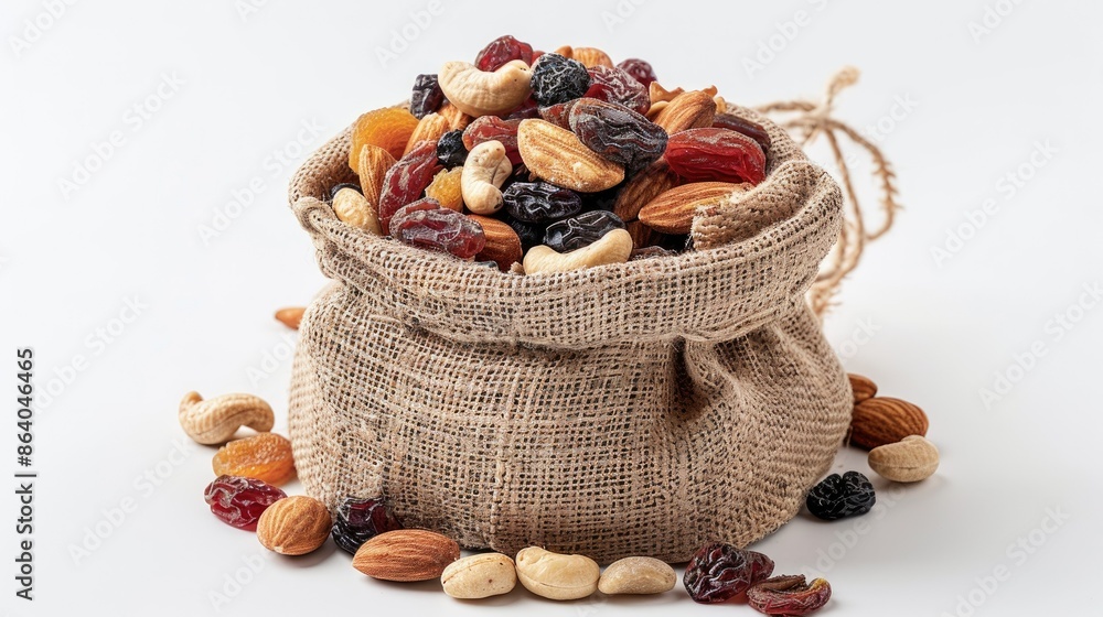 Dried fruit and nut trail mix in a reusable eco-friendly bag, highlighting sustainable snacking options Dried fruit and nut trail mix in a reusable eco-friendly bag, highlighting sustainable snacking options