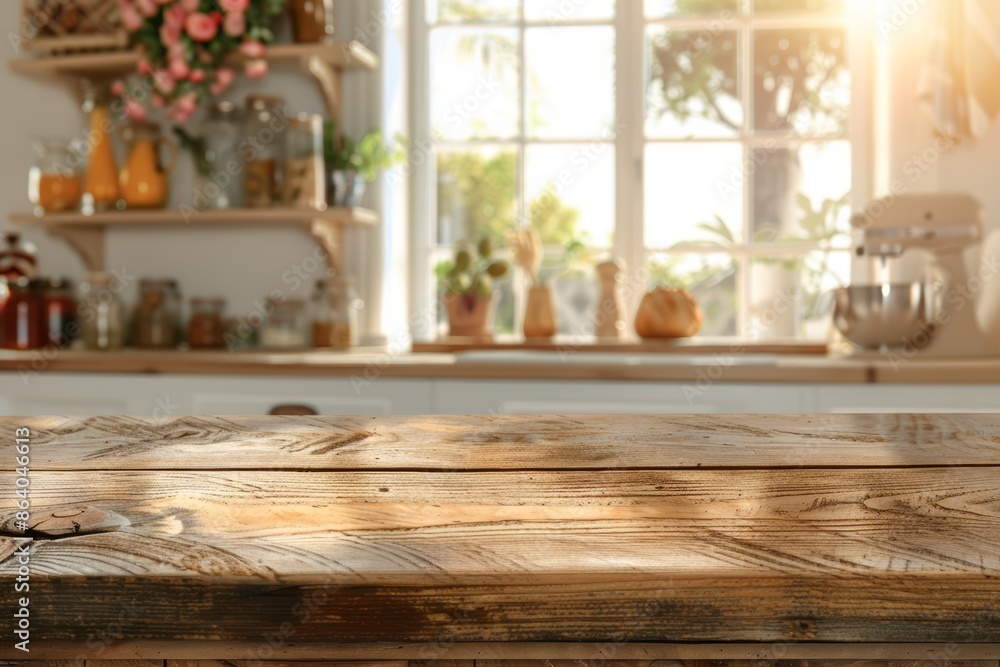 Wood table top on blurred kitchen background. can be used mock up for montage products display or design layout Wood table top on blurred kitchen background. can be used mock up for montage products display or design layout