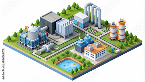 Isometric Industrial area, plant, hydroelectric, water purifying system construction