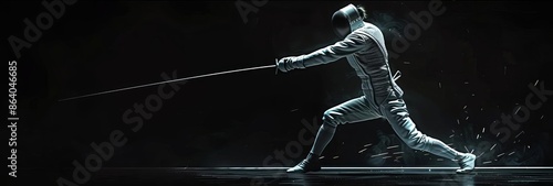 Long shot panoramic view of a fencer, elegant stance, sharp rapier pointed forward, sparks of motion captured mid-strike