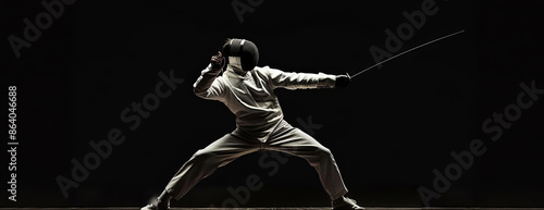 Long shot panoramic view of a fencer, elegant stance, sharp rapier pointed forward, illuminated against a deep black background