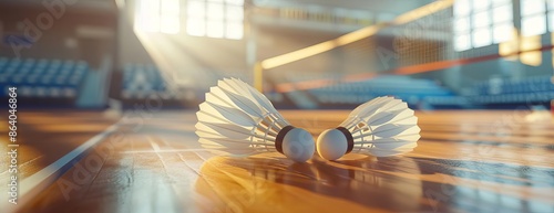Long shot, soft and selective focus on pristine white shuttlecocks, resting by a sleek racket on an indoor badminton court, copy space