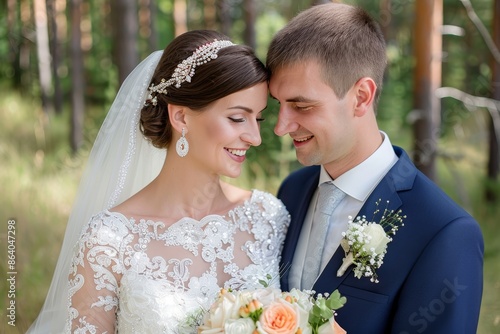 A joyful bride and groom share an intimate moment during their outdoor wedding in a forest. The bride is adorned in a lace wedding dress and a jeweled headpiece, while the groom is dressed in a navy photo