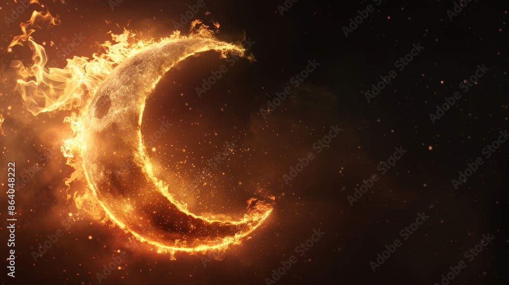 Celestial crescent body with a radiant fiery glow on the right, detailed textures, cosmic backdrop, surreal and captivating Celestial crescent body with a radiant fiery glow on the right, detailed textures, cosmic backdrop, surreal and captivating