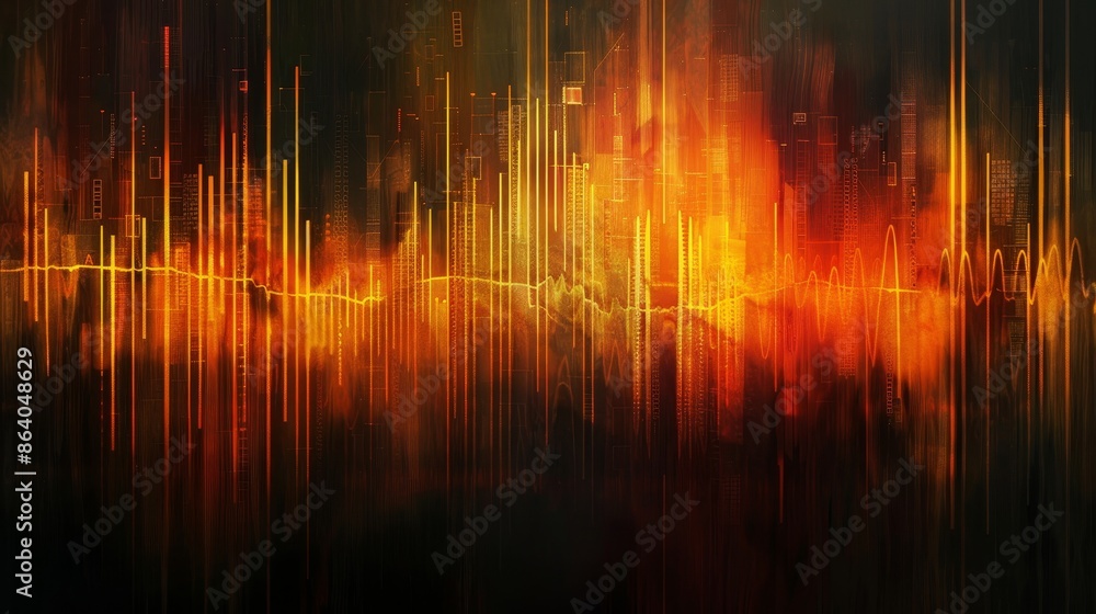 City skyline of vertical bars, hues of orange, yellow, gold, dark backdrop, heartbeat monitor design, modern and sleek City skyline of vertical bars, hues of orange, yellow, gold, dark backdrop, heartbeat monitor design, modern and sleek