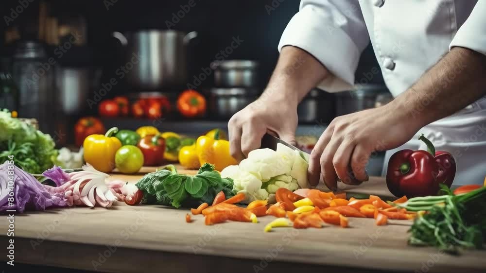 A chef's hands expertly chop a variety of colorful vegetables in a kitchen. The chef wears a white uniform, and the scene suggests a busy, professional kitchen setting, possibly during daytime. A chef's hands expertly chop a variety of colorful vegetables in a kitchen. The chef wears a white uniform, and the scene suggests a busy, professional kitchen setting, possibly during daytime.