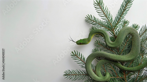 Green snake coiled on pine branches with tongue flicking out, symbolizing New Year 2025 according to Chinese calendar. Minimalistic background emphasizes snake vibrant color and festive significance photo