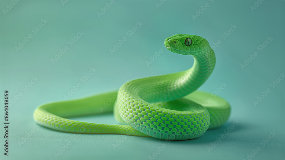 Fototapeta premium Green snake coiled with head raised, symbolizing New Year 2025 according to Chinese calendar. Minimalistic background enhances snake's vibrant color and festive significance