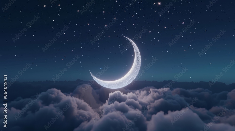 Crescent moon illuminating a starry night sky, clouds below, glowing constellations, ethereal and dreamy, celestial fantasy scene Crescent moon illuminating a starry night sky, clouds below, glowing constellations, ethereal and dreamy, celestial fantasy scene