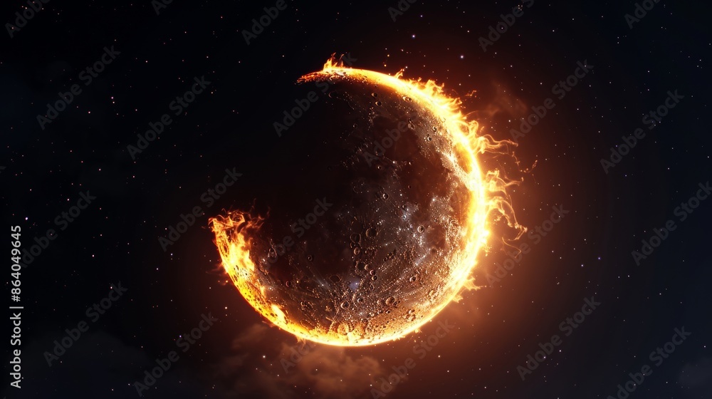Crescent-shaped planet with a bright fiery glow on the right edge, celestial scene, detailed surface, deep space setting, luminous and awe-inspiring Crescent-shaped planet with a bright fiery glow on the right edge, celestial scene, detailed surface, deep space setting, luminous and awe-inspiring