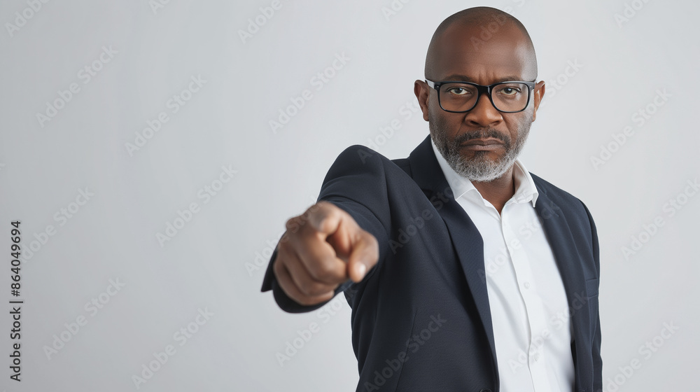 Serious middle aged man in business suit and glasses pointing directly at camera with stern expression against light gray background Serious middle aged man in business suit and glasses pointing directly at camera with stern expression against light gray background