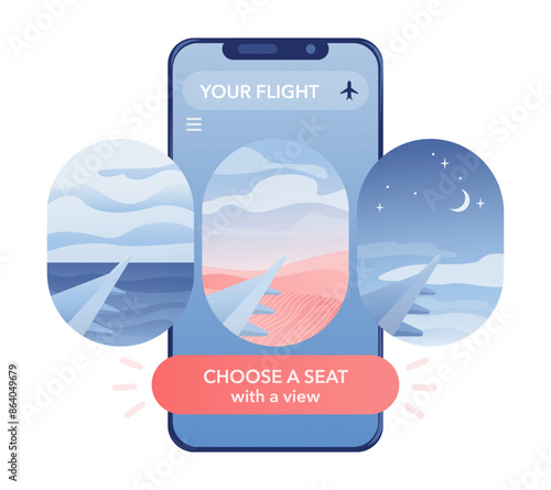 A mobile app displays three window views, enabling users to select seats with preferred scenery. Choose a seat button. Concept of personalized travel experience, online booking convenience. Vector.
