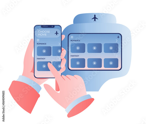 Hands hold mobile phone choosing movie in the plane. Seat screen tv option. In-cabin app for movie choices. In-flight entertainment selection via mobile app and seat screen. Vector illustration. 