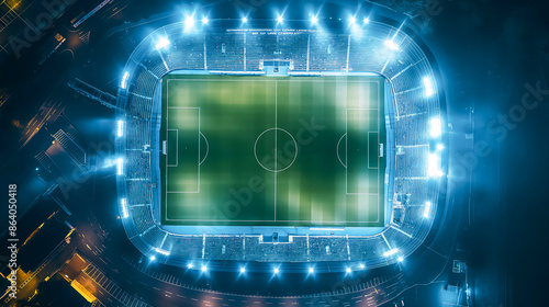 Top down aerial view of round soccer stadium match on night times