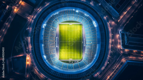 Top down aerial view of round soccer stadium match on night times