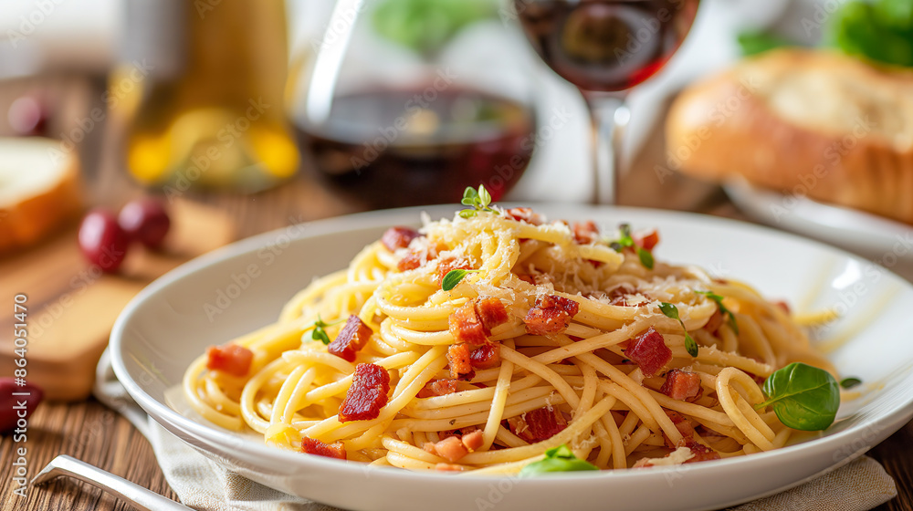 spaghetti with bacon and parmesan on a white plate, a glass of red wine in the background on a wooden table spaghetti with bacon and parmesan on a white plate, a glass of red wine in the background on a wooden table