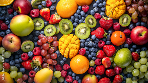 Top down aerial view of assortment of healthy raw fruits and berries platter background © Anthichada