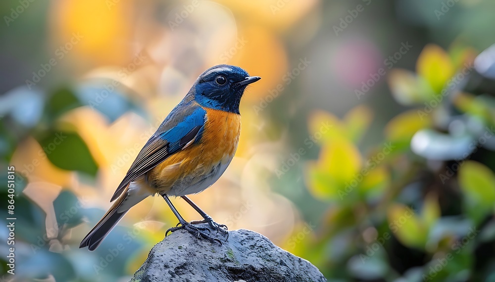Fototapeta premium Male Bluetail (Luscinia cyane) perched on a rock