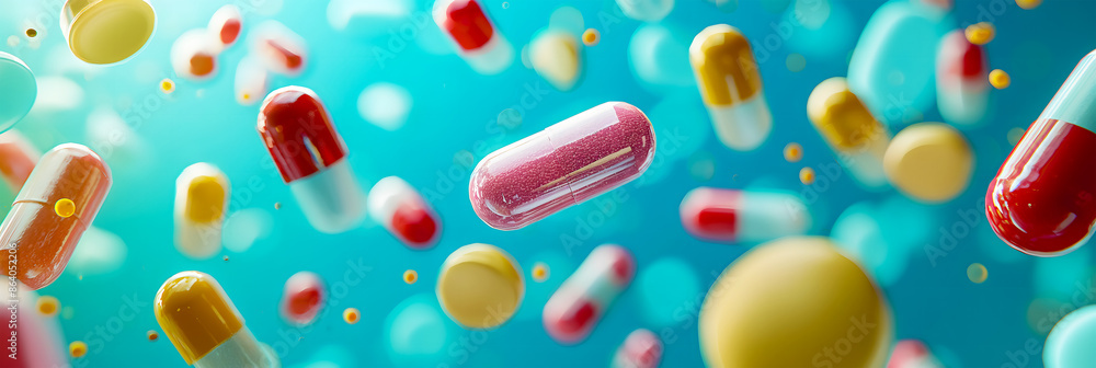 Various and multicolored tablets and capsules of different shapes levitating in the air on a blue isolated background. The concept of healthcare. The banner Various and multicolored tablets and capsules of different shapes levitating in the air on a blue isolated background. The concept of healthcare. The banner