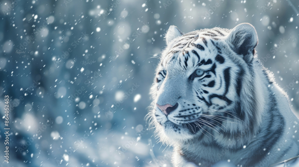 Fototapeta premium A white bengal tiger cat among snowflakes.