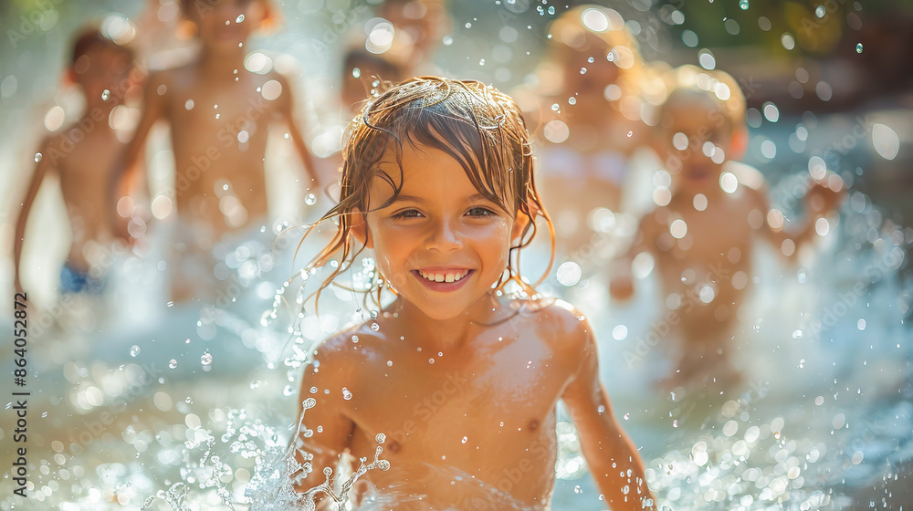 Obraz premium Happy child smiling and playing in water with friends