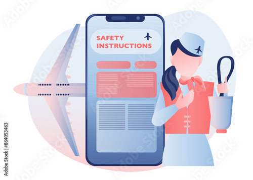 Mobile phone displays plane safety instructions, flight attendant holds oxygen mask, plane on background. Mobile app for in-flight safety instructions and service accessibility. Vector illustration.