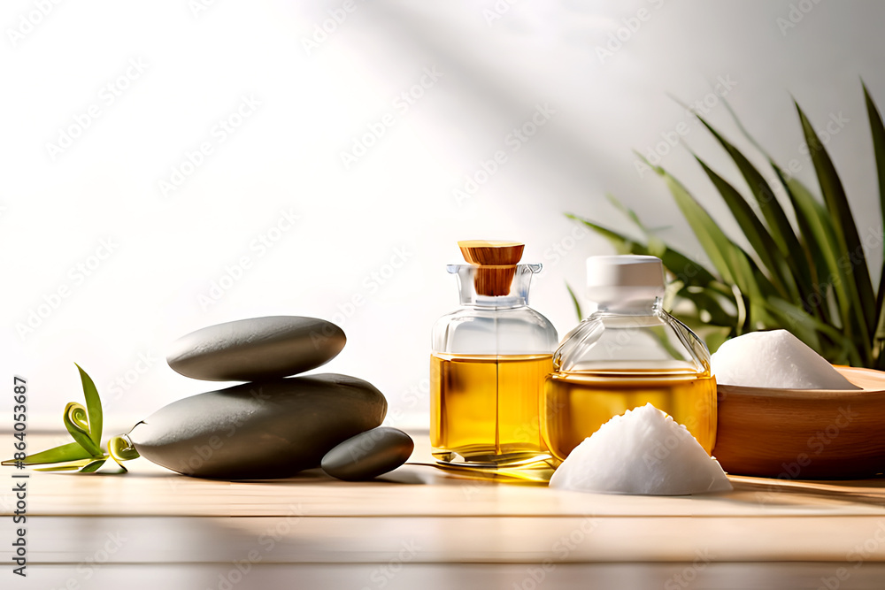 Zen stones, candles and a white orchid flower on a green and gray background with the concept of massage, spa and body care Zen stones, candles and a white orchid flower on a green and gray background with the concept of massage, spa and body care