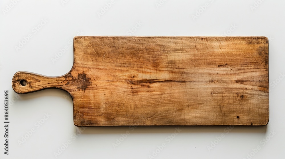 Top view of a single wooden cutting board on a white surface Top view of a single wooden cutting board on a white surface