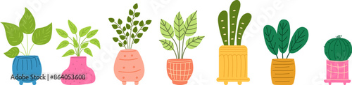 Set of house plants in doodle style. Indoor plants in different pots. Home jungle. Great for banners, posters, stickers, professional designs.