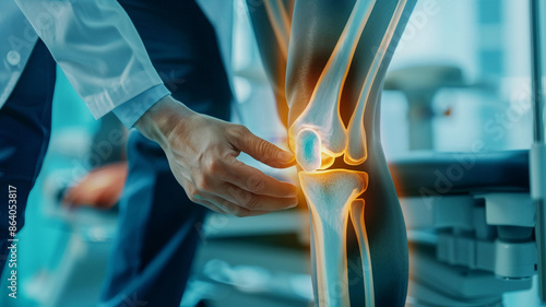 Fototapeta Naklejka Na Ścianę i Meble -  An orthopedic traumatologist clearly shows a holographic model of the bones of the leg and knee joint.