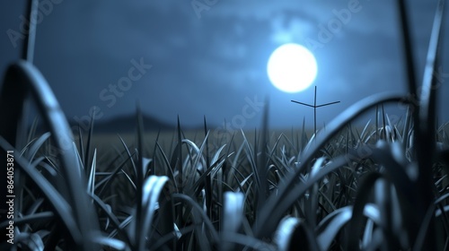 Eerie scarecrow standing tall in a moonlit cornfield, surrounded by tall corn stalks, spooky and foreboding ambiance photo